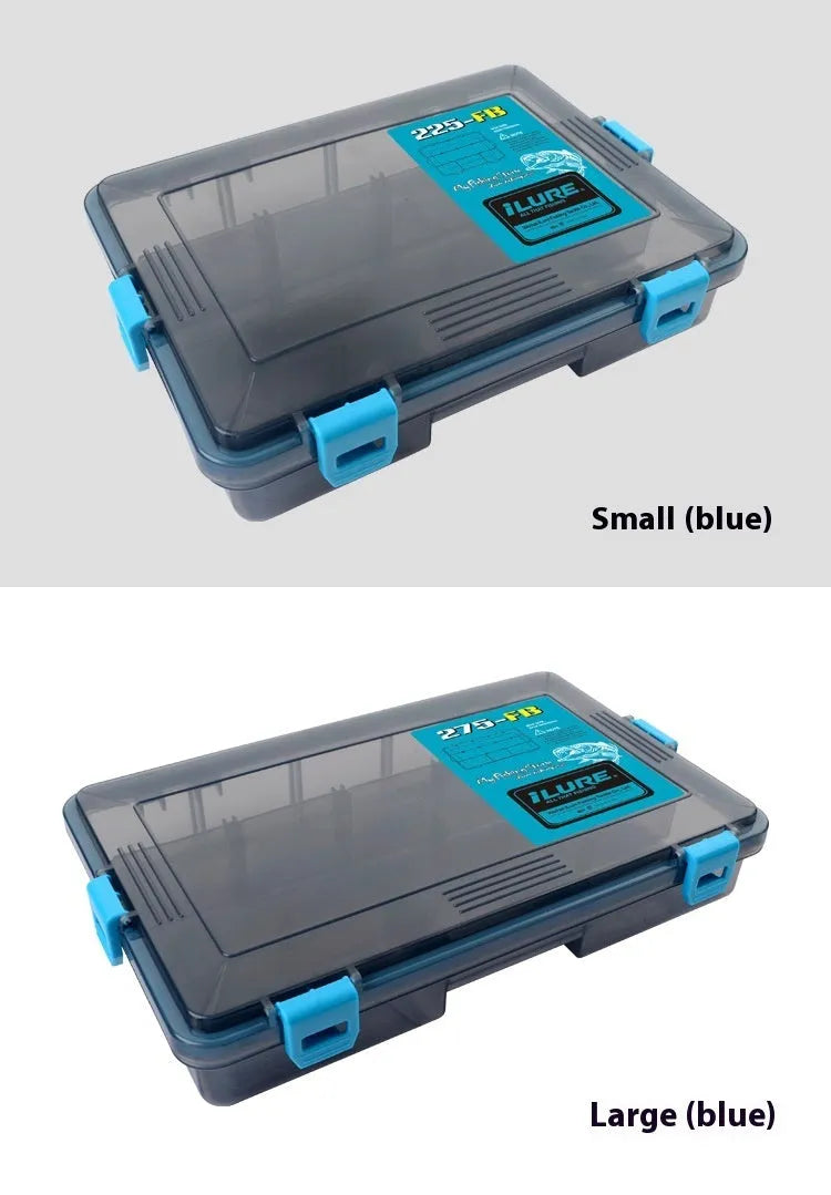 Orange waterproof plastic fishing lure storage box with lid open.