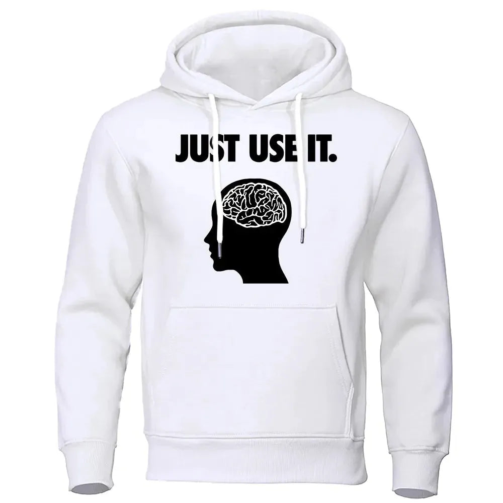 Printed velvet padded hooded sweatshirt for men in white with side seam pockets and loose fit