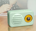 Portable Bluetooth speaker with FM radio in wood colour finish showing front speaker grille and control buttons