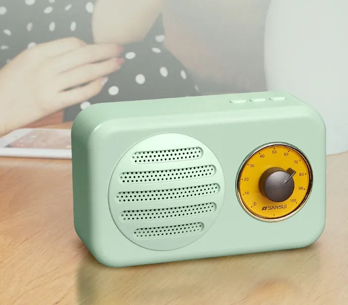 Portable Bluetooth speaker with FM radio in wood colour finish showing front speaker grille and control buttons