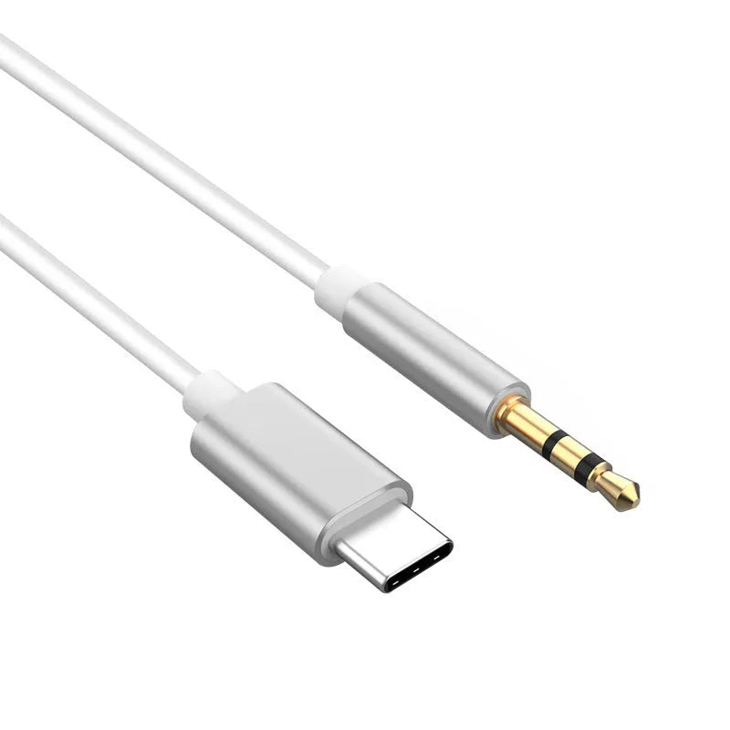 Fashion Speaker Amplifier Conversion Wire Silver Gray TPE metal shell Mini USB and Type-C to 3.5mm cables on white background