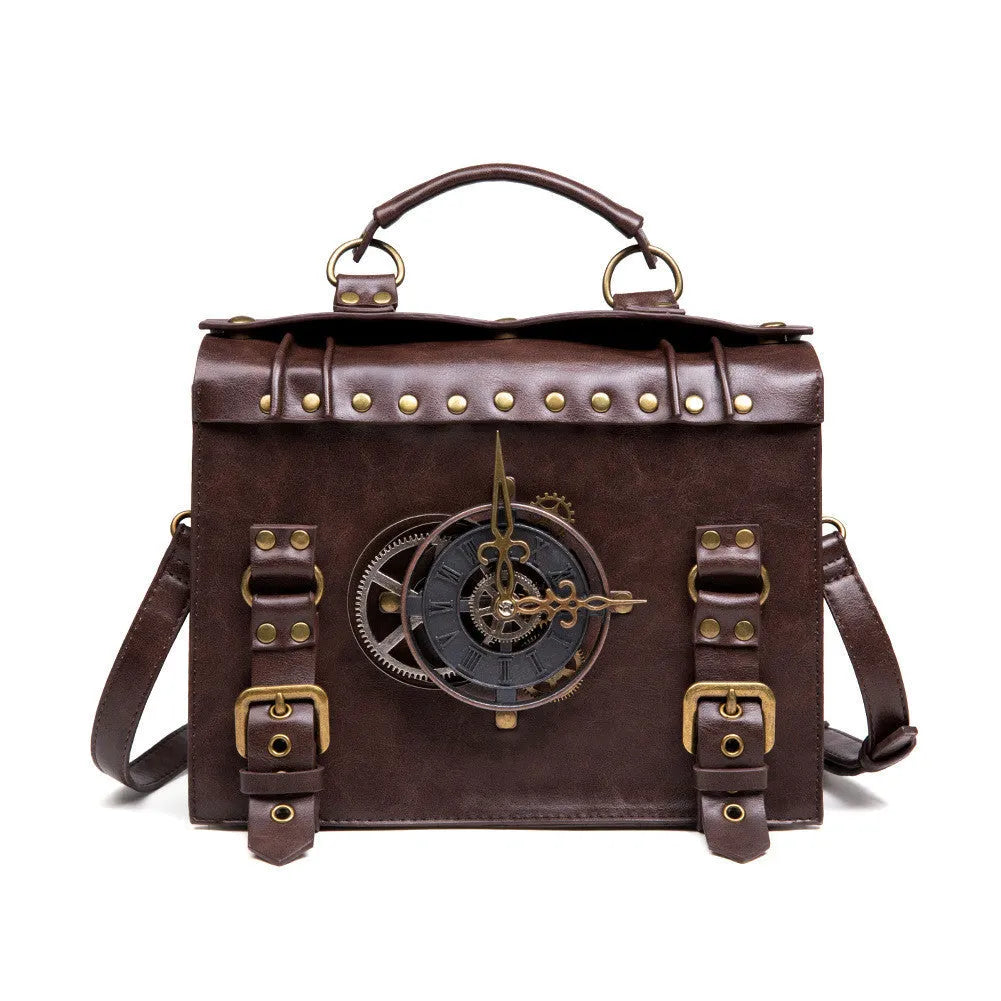 Bronze steampunk style PU leather shoulder bag with metal hardware on a horizontal square pillow bag shape.