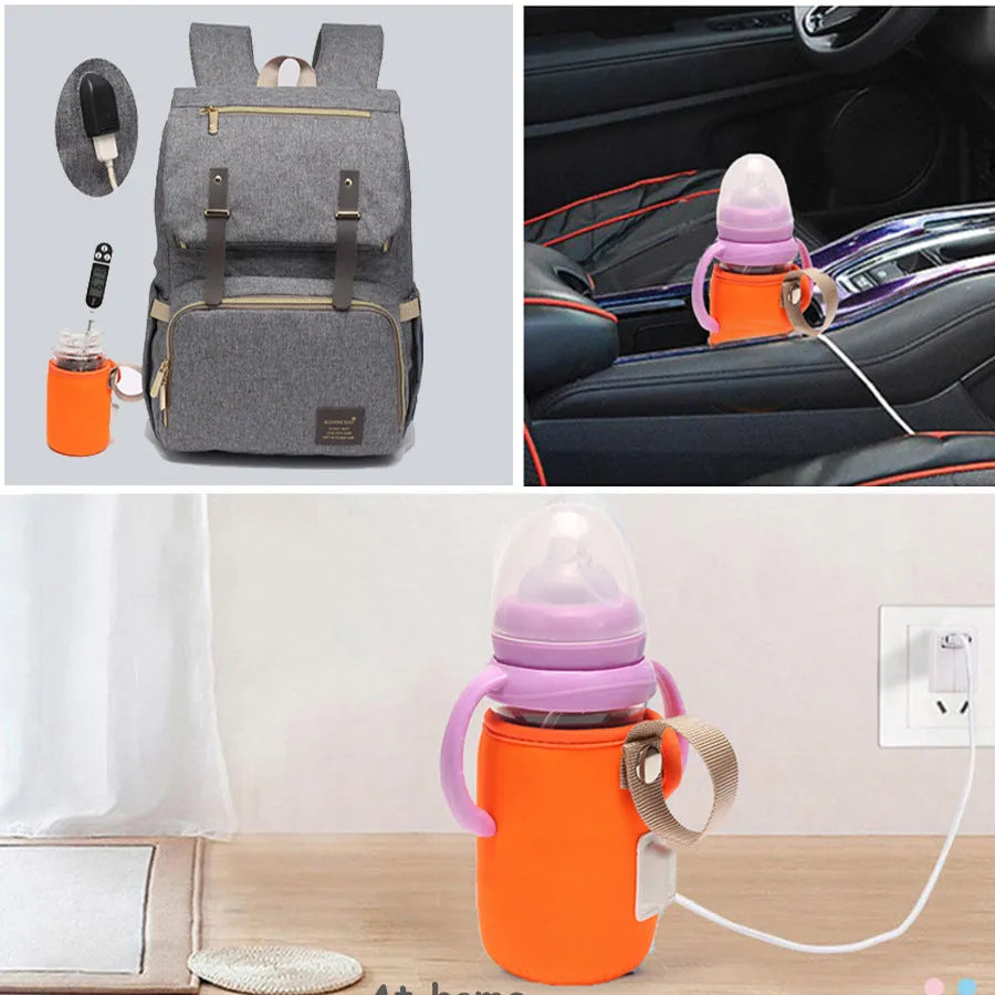 Orange and blue baby USB heated bottle warmer sleeve showing dimensions and USB connection