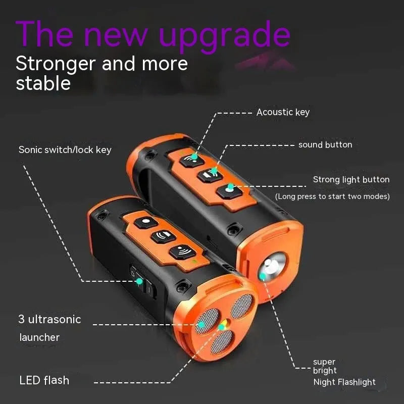 XP30 three-head ultrasonic dog repellent in black orange plastic housing with USB port and hanging rope
