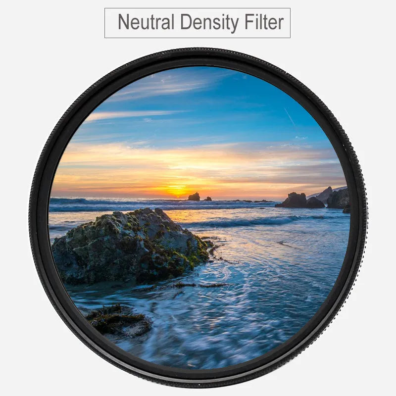 ND8 camera step-up filter in aluminium frame for 49mm to 82mm lenses on a camera lens.