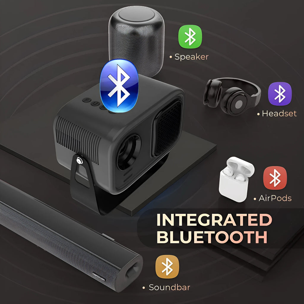 Black portable HD projector with remote control and cables for home office use