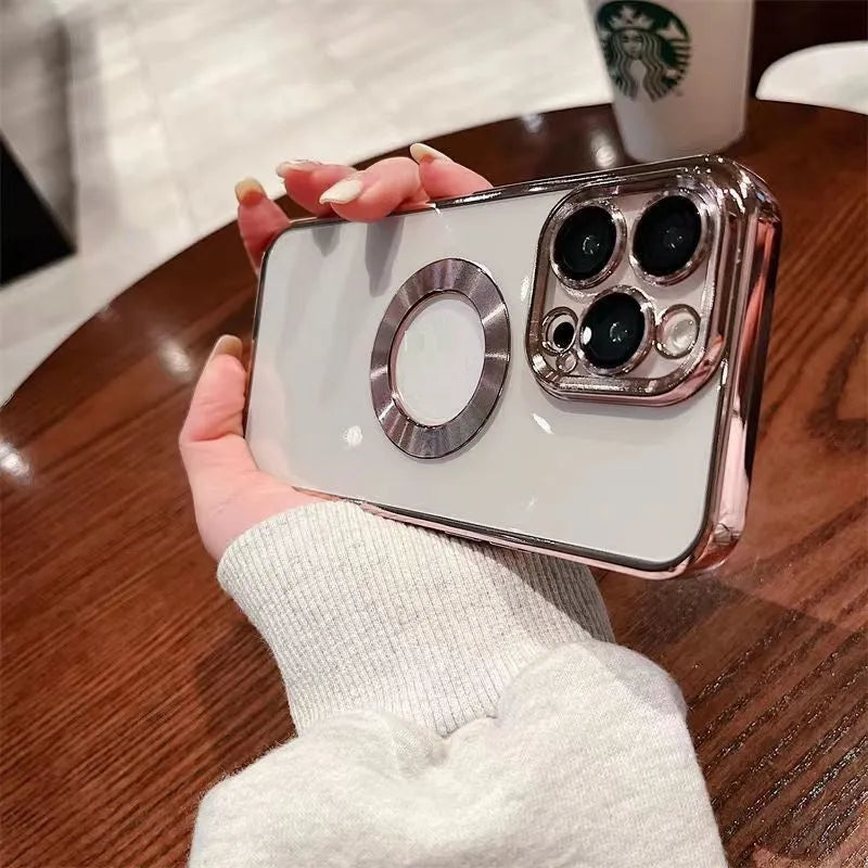 Electroplated CD pattern transparent soft TPU phone case for iPhone 14 and 15 series, shown in multiple colours.