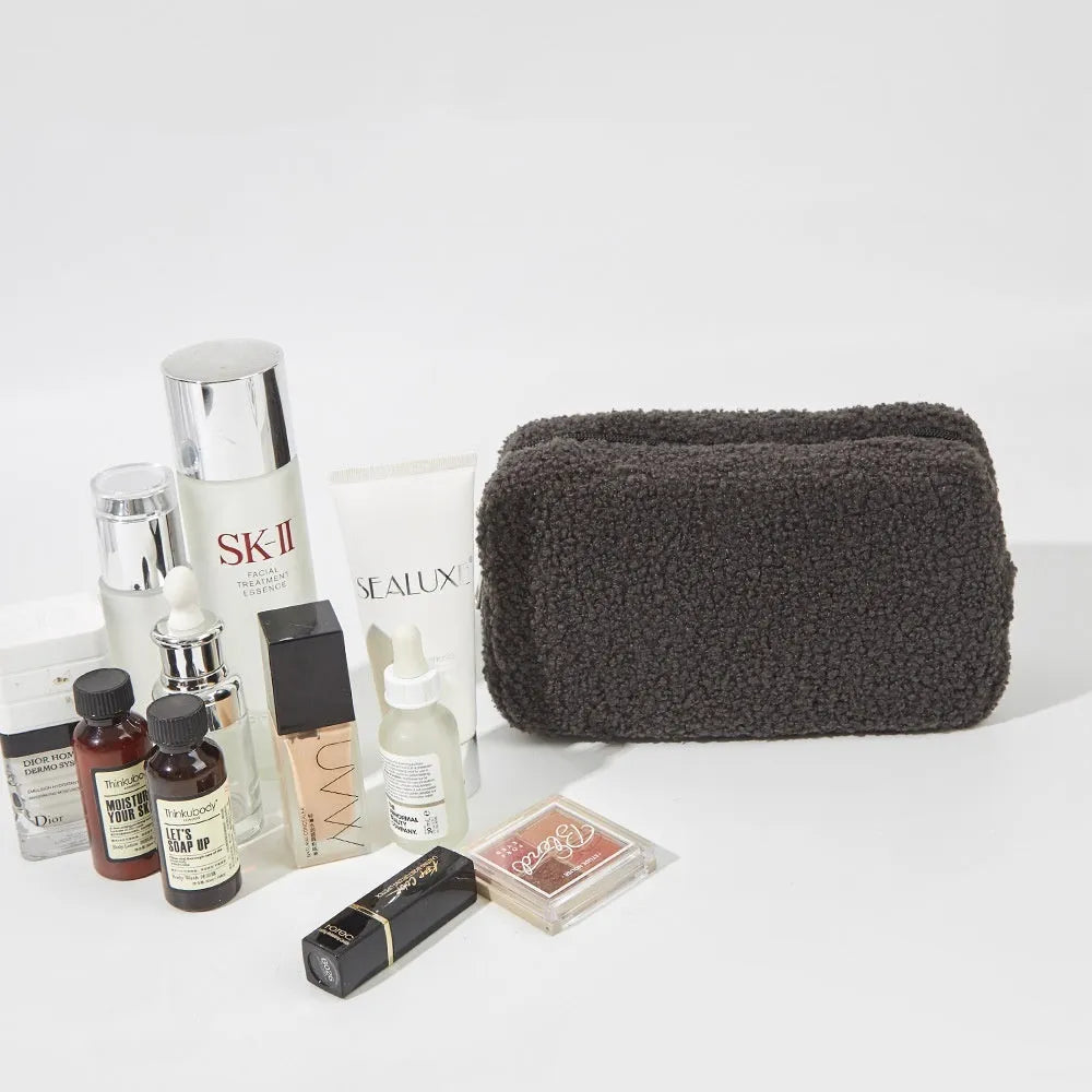 Large capacity velvet storage bag for cosmetics, teddy plush material, cube shape, pink colour, 23x8x12.7cm