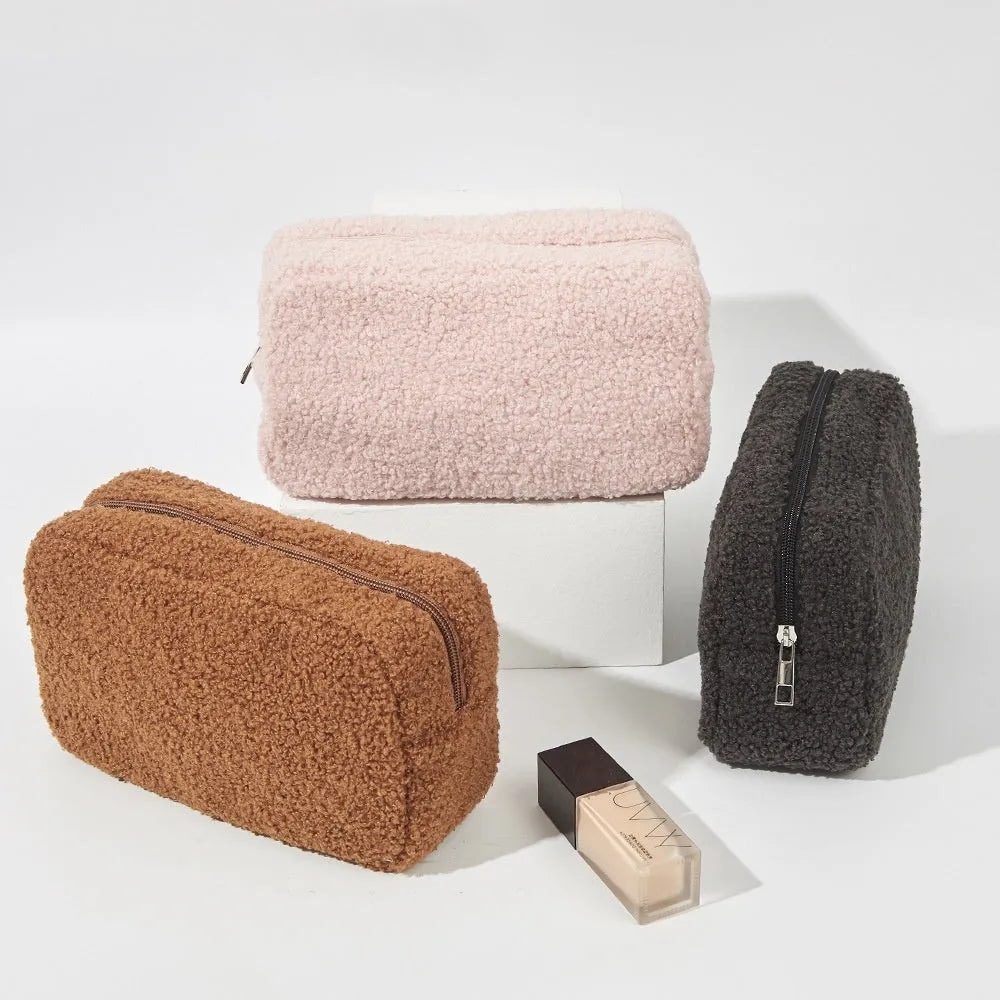 Large capacity velvet storage bag for cosmetics, teddy plush material, cube shape, pink colour, 23x8x12.7cm