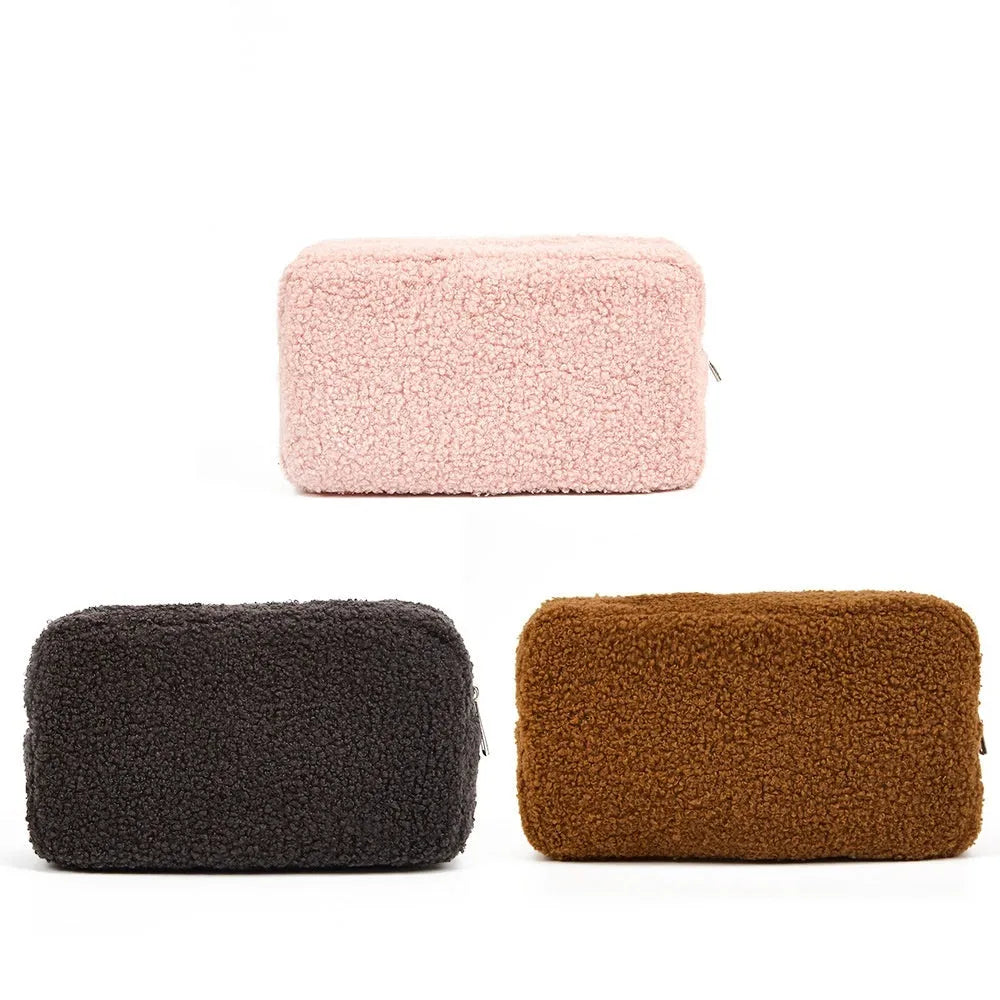 Large capacity velvet storage bag for cosmetics, teddy plush material, cube shape, pink colour, 23x8x12.7cm