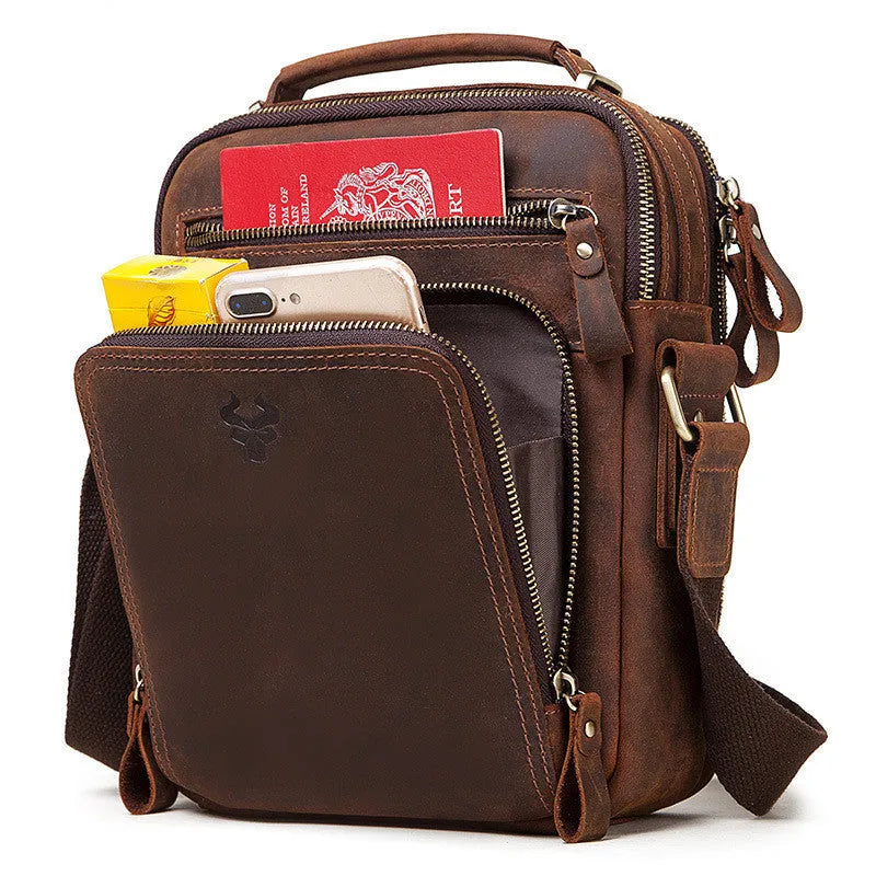 Men's brown genuine leather crossbody bag with single shoulder strap and vintage styling