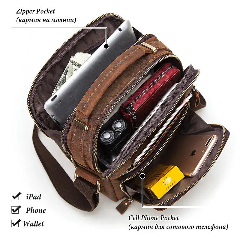 Men's brown genuine leather crossbody bag with single shoulder strap and vintage styling