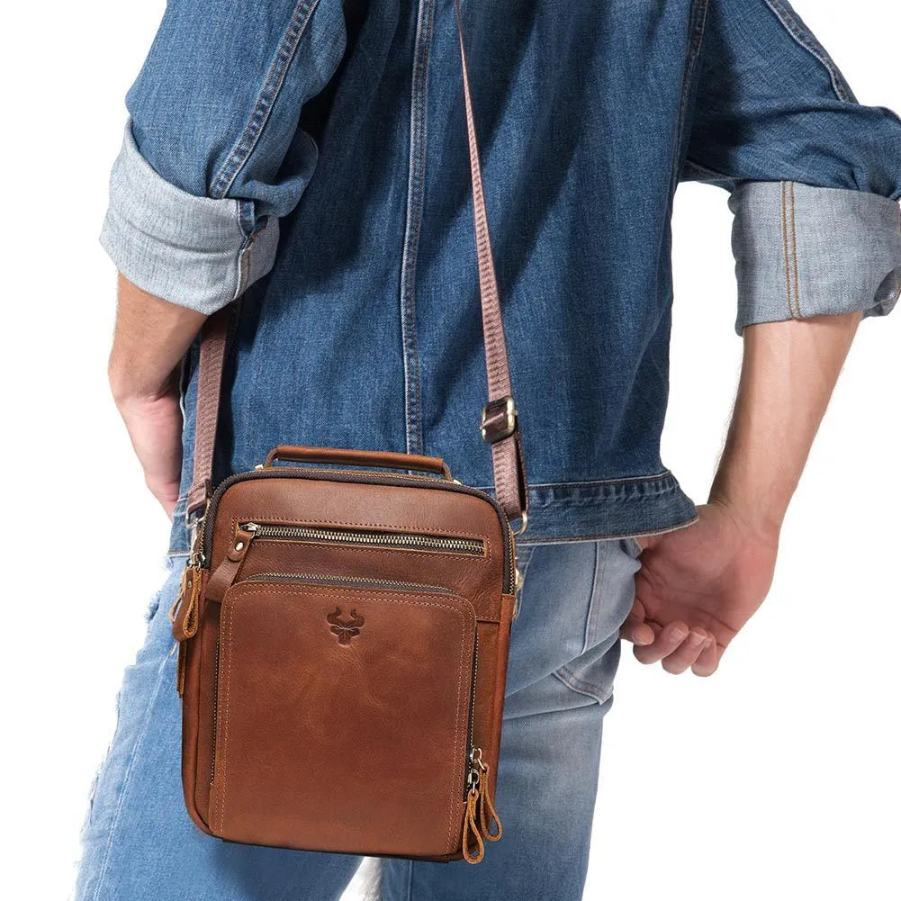 Men's brown genuine leather crossbody bag with single shoulder strap and vintage styling