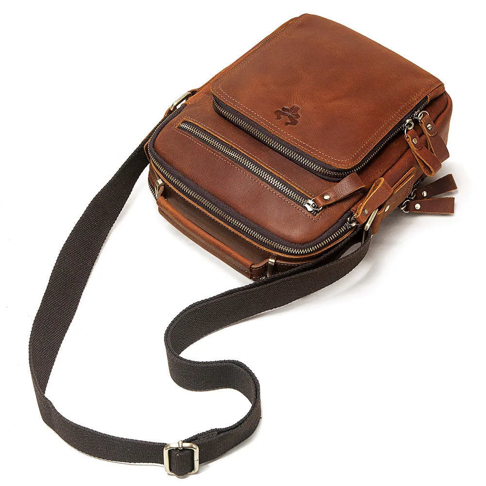 Men's brown genuine leather crossbody bag with single shoulder strap and vintage styling
