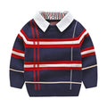Boys plaid jacquard sweater in apricot and navy blue with long sleeves and pullover style