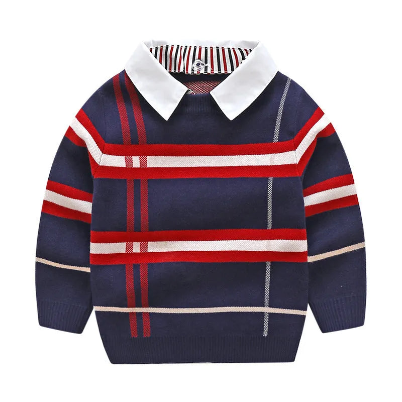 Boys plaid jacquard sweater in apricot and navy blue with long sleeves and pullover style