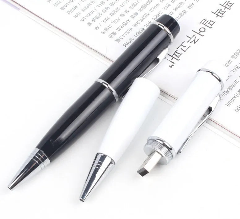 Multi-function metal USB flash drive pen with laser pointer, 16GB capacity, black, on white background