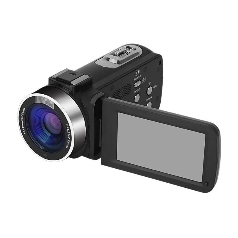 Black WIFI digital HD night vision camera with 3-inch screen showing menu, beside its included lens cover and remote control.