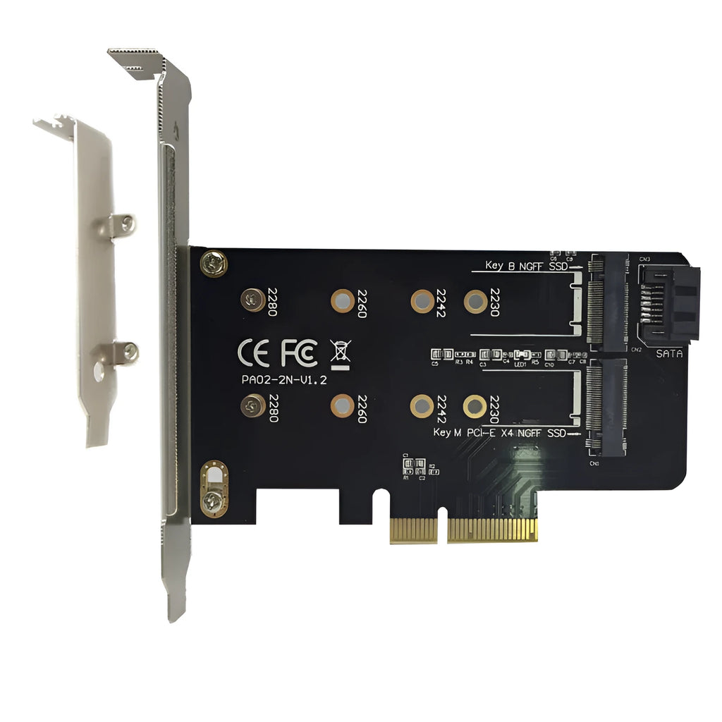 Black M.2 SSD adapter card with two M.2 B Key and M Key slots on PCIe X4 board