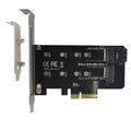 Black M.2 SSD adapter card with two M.2 B Key and M Key slots on PCIe X4 board