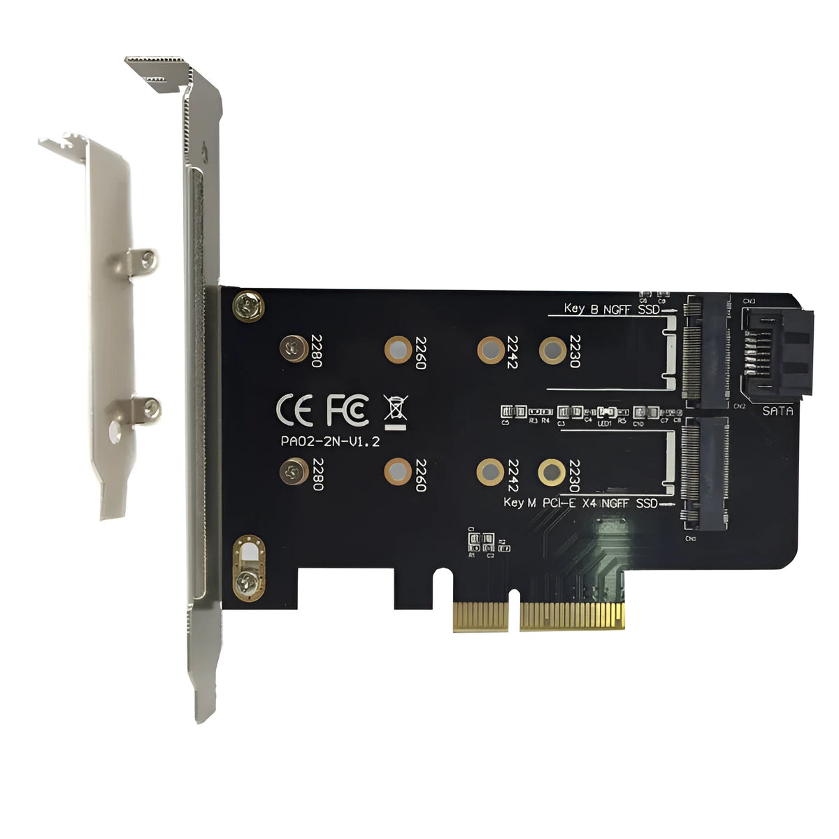 Black M.2 SSD adapter card with two M.2 B Key and M Key slots on PCIe X4 board