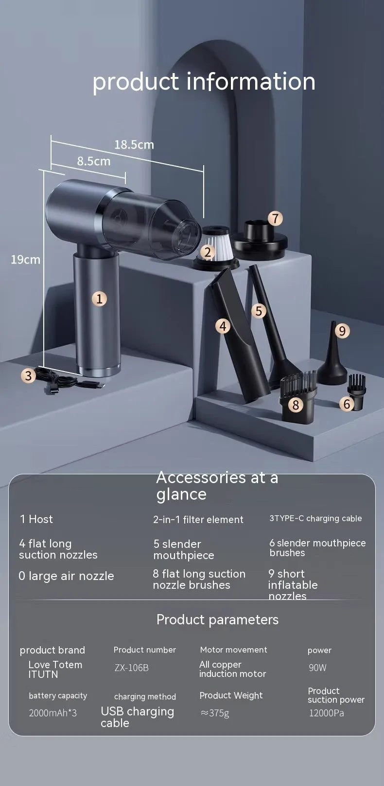 Handheld wireless car vacuum cleaner in space-like grey with dual blowing and suction functions