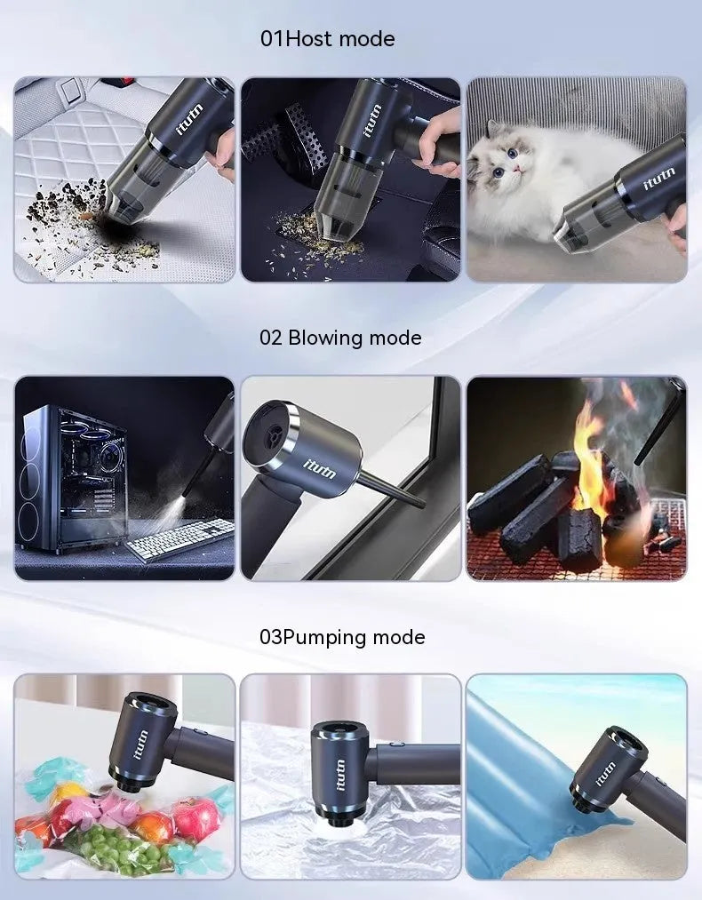 Handheld wireless car vacuum cleaner in space-like grey with dual blowing and suction functions