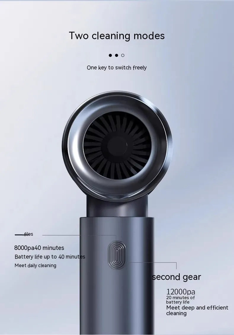 Handheld wireless car vacuum cleaner in space-like grey with dual blowing and suction functions
