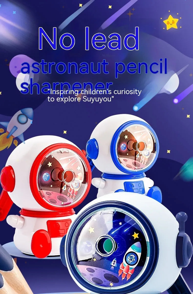 Blue astronaut cartoon manual pencil sharpener for children on a white background