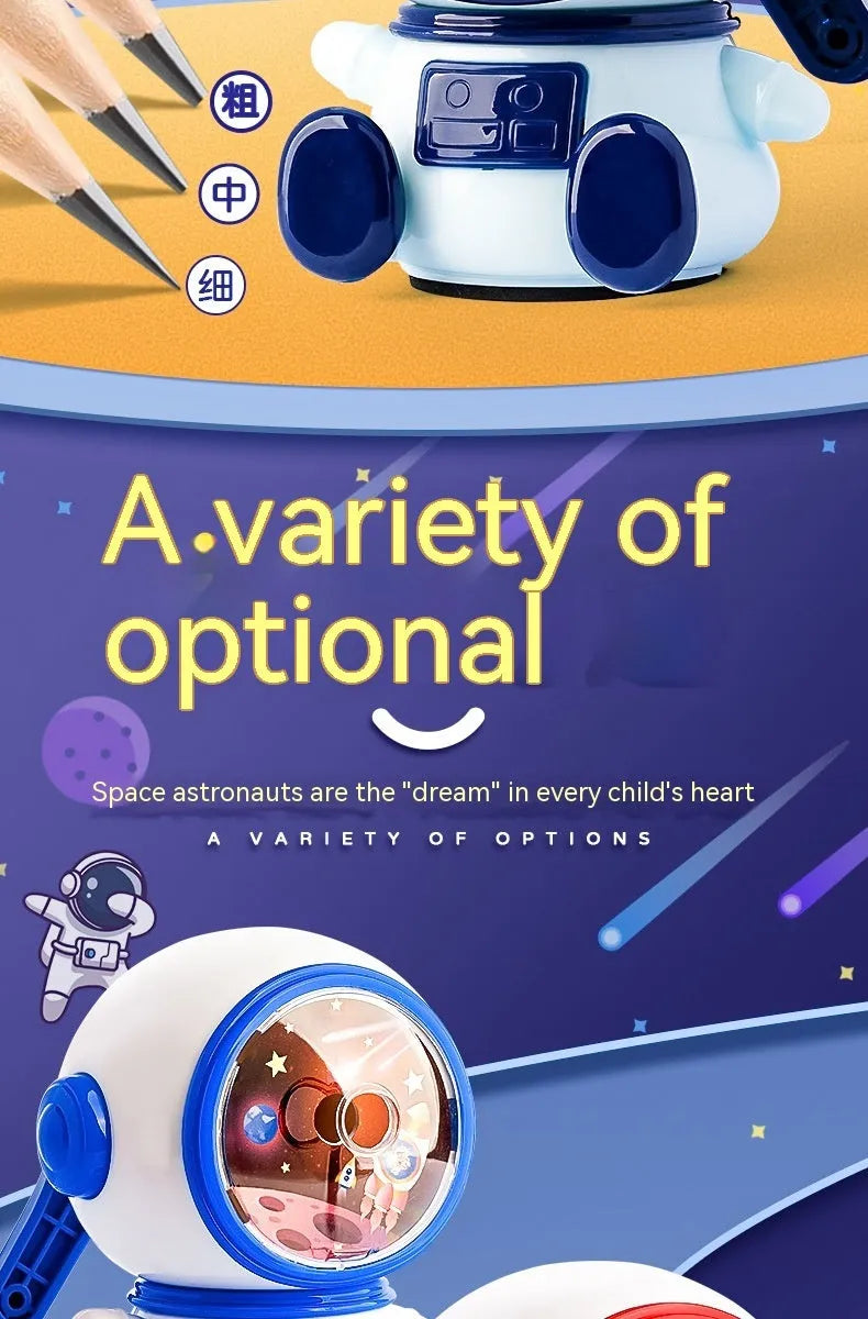 Blue astronaut cartoon manual pencil sharpener for children on a white background
