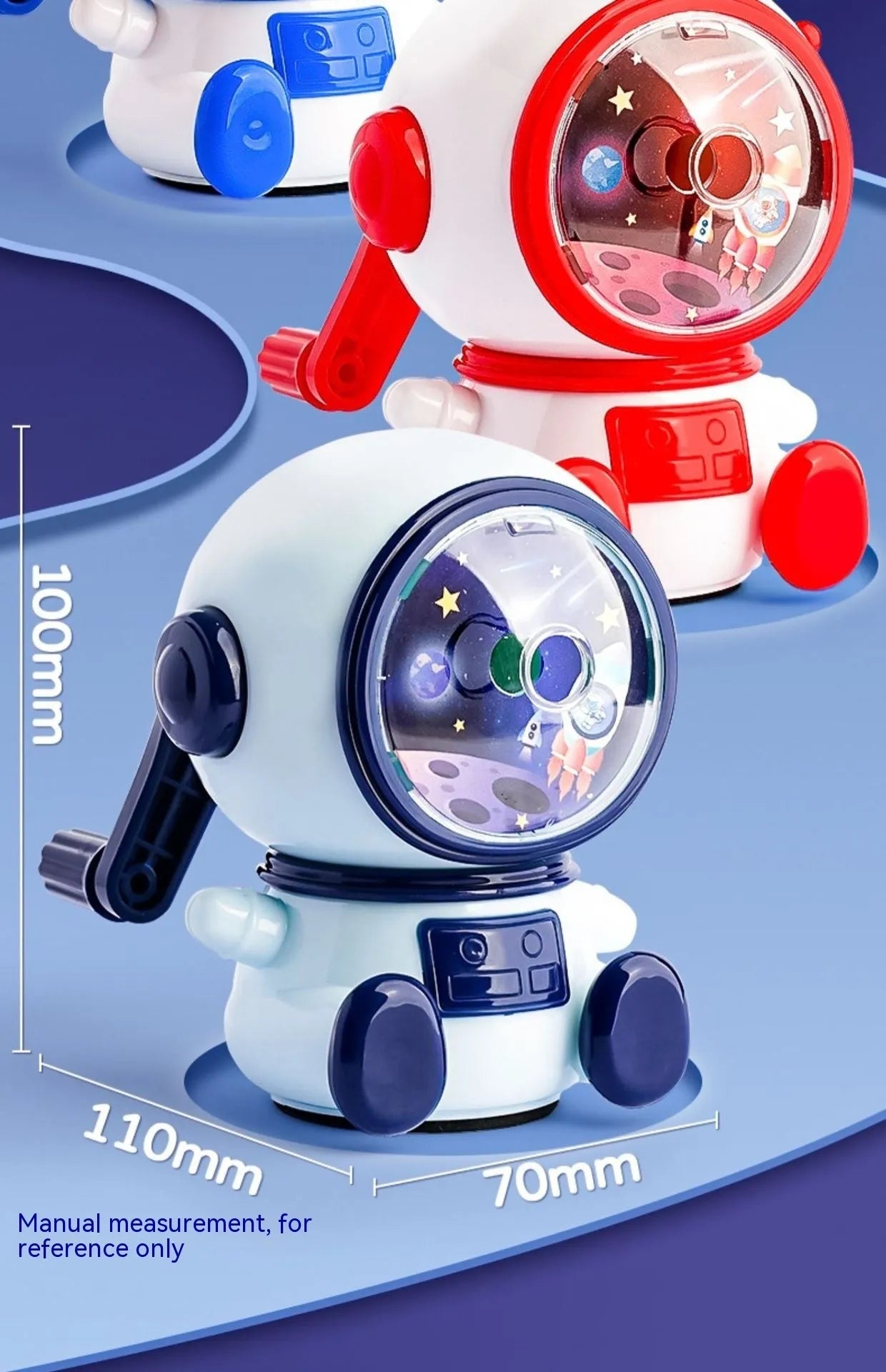 Blue astronaut cartoon manual pencil sharpener for children on a white background