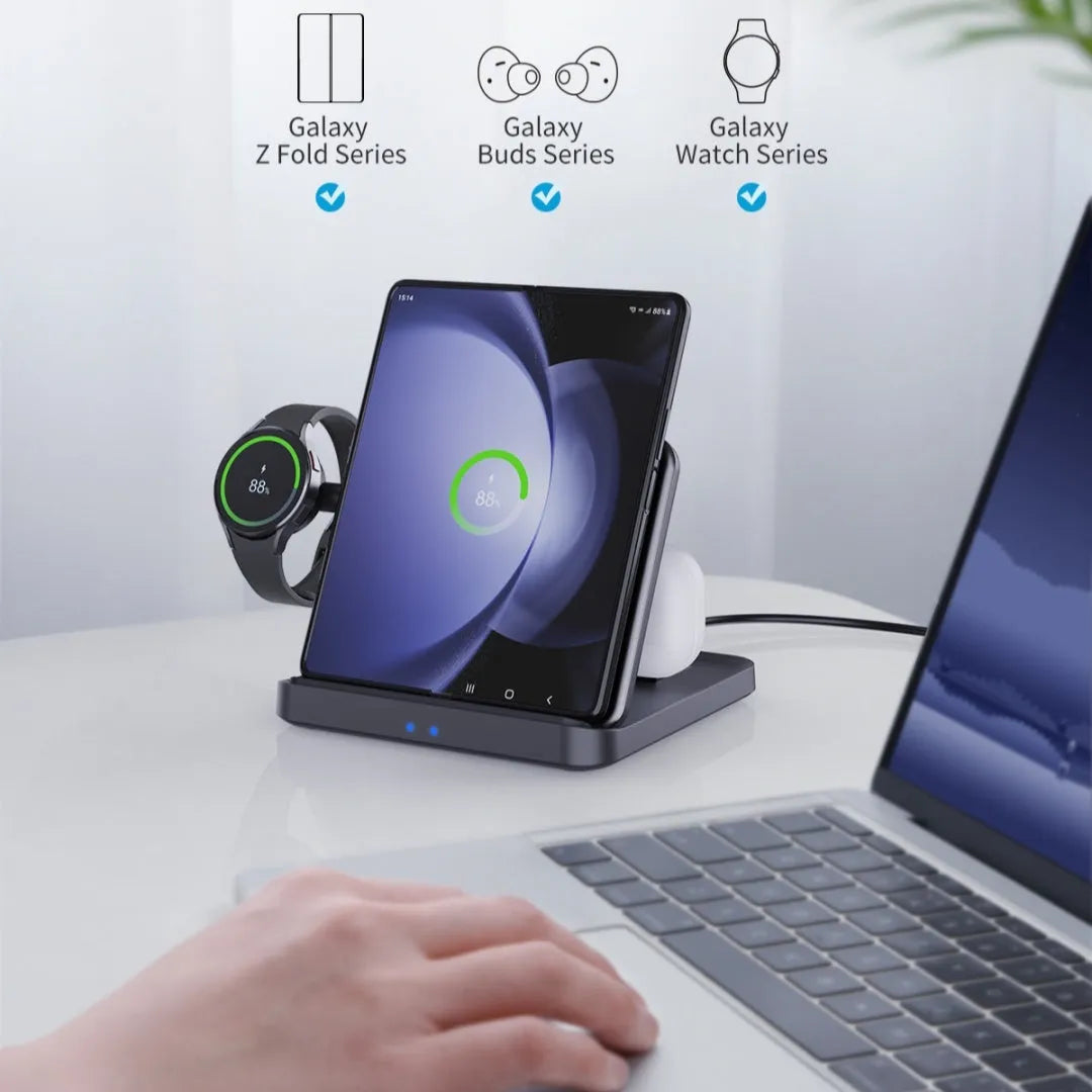Three-in-one foldable wireless charger desktop bracket, 15W Type C, FOD protection, 142.5x137x23mm, for Z Fold and Pixel Fold