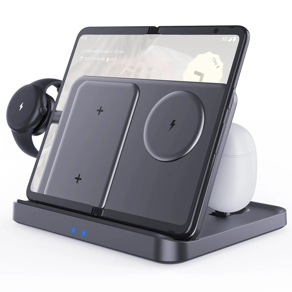 Three-in-one foldable wireless charger desktop bracket, 15W Type C, FOD protection, 142.5x137x23mm, for Z Fold and Pixel Fold