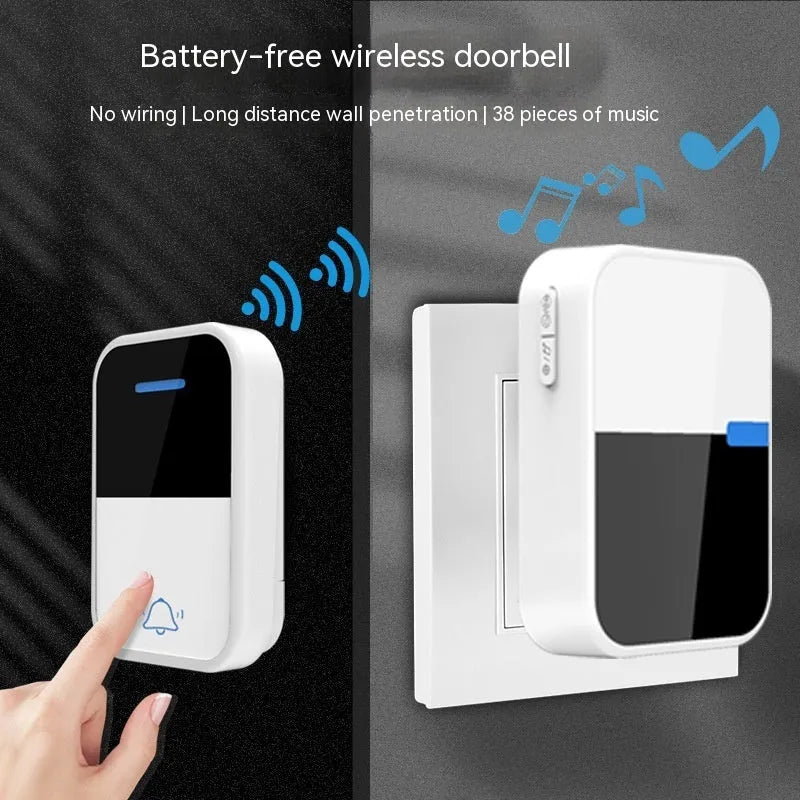 Modern white wireless doorbell receiver and transmitter with long 150 metre range.