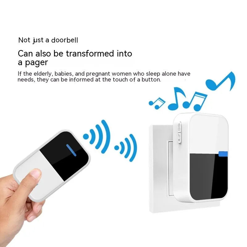 Modern white wireless doorbell receiver and transmitter with long 150 metre range.