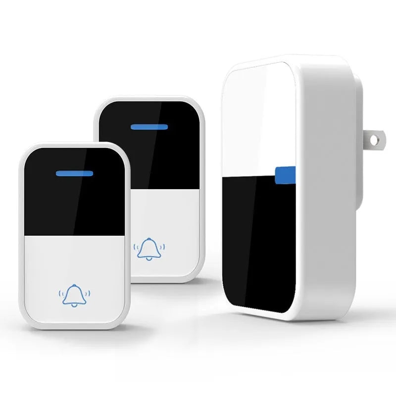 Modern white wireless doorbell receiver and transmitter with long 150 metre range.