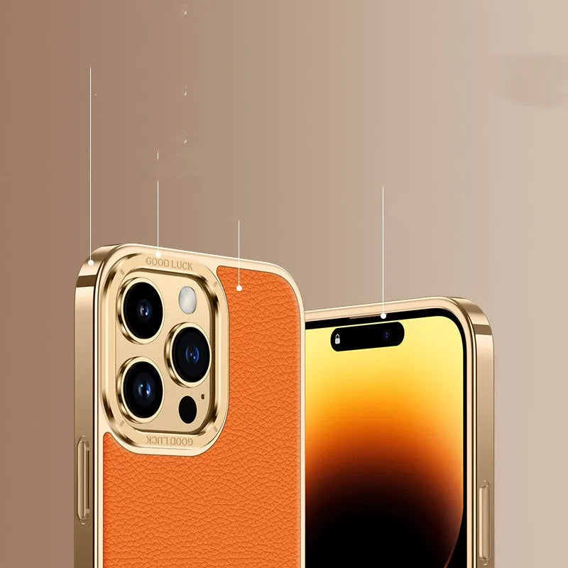 Genuine leather iPhone case with electroplated soft edge, shown in black, orange, purple and blue for iPhone 12 to 15 Pro Max.