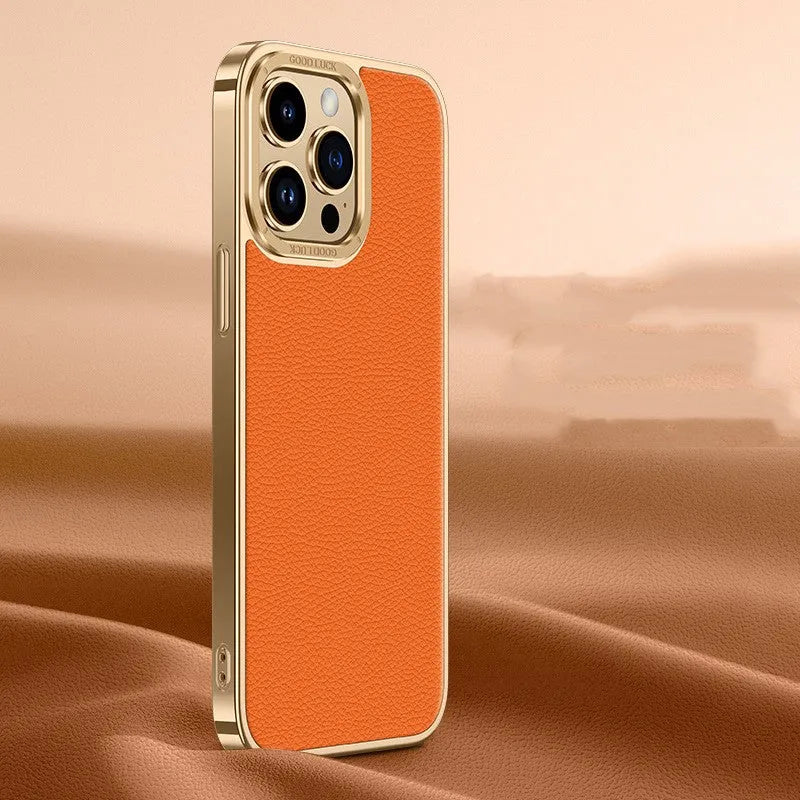 Genuine leather iPhone case with electroplated soft edge, shown in black, orange, purple and blue for iPhone 12 to 15 Pro Max.