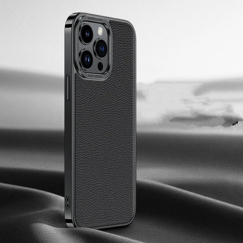 Genuine leather iPhone case with electroplated soft edge, shown in black, orange, purple and blue for iPhone 12 to 15 Pro Max.