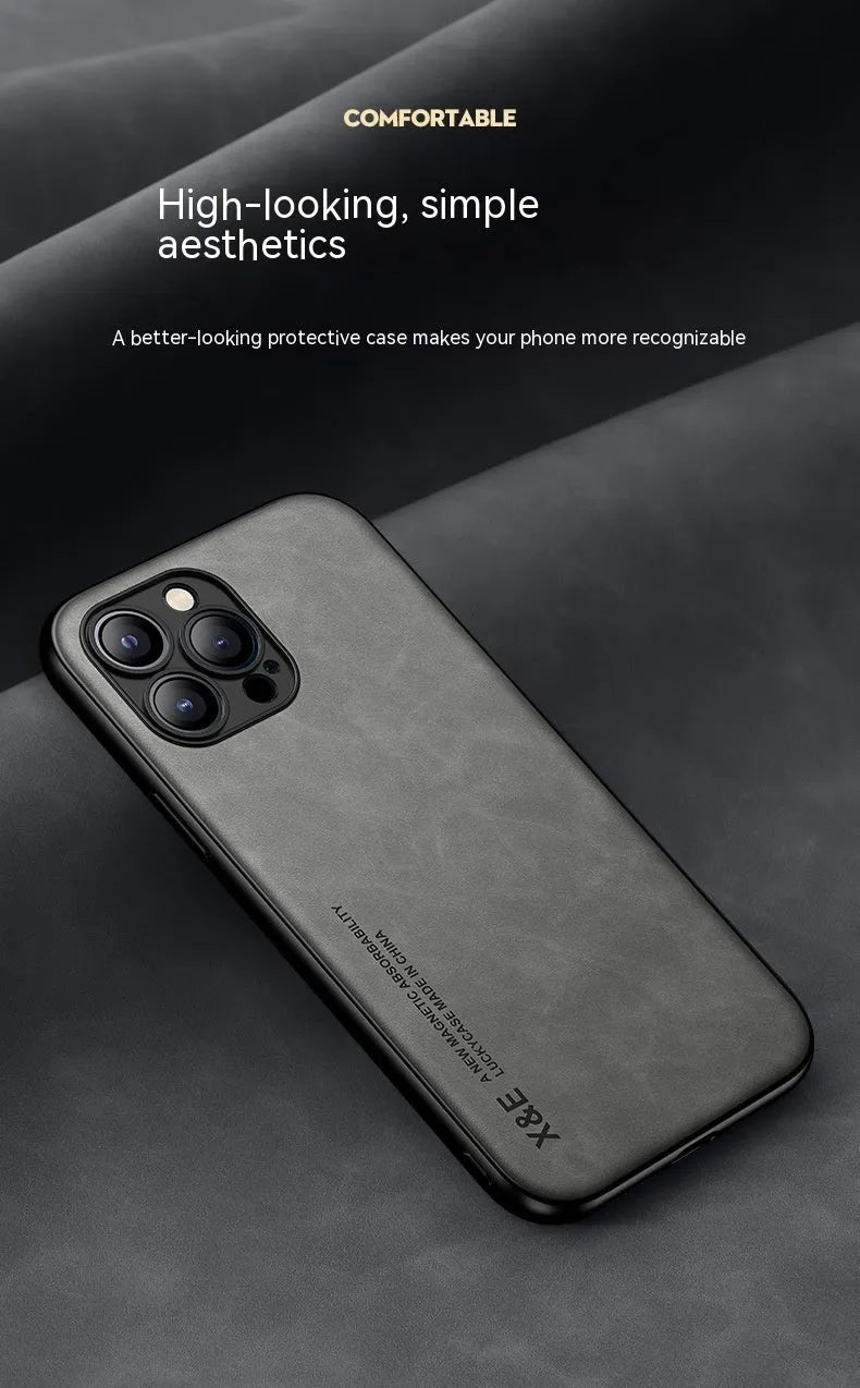 Magnetic lambskin iPhone case with simple text design, anti-fall protection, available in four colours