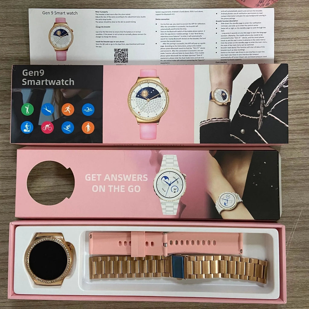 Silver wireless smart sports watch with touch screen showing health monitoring icons