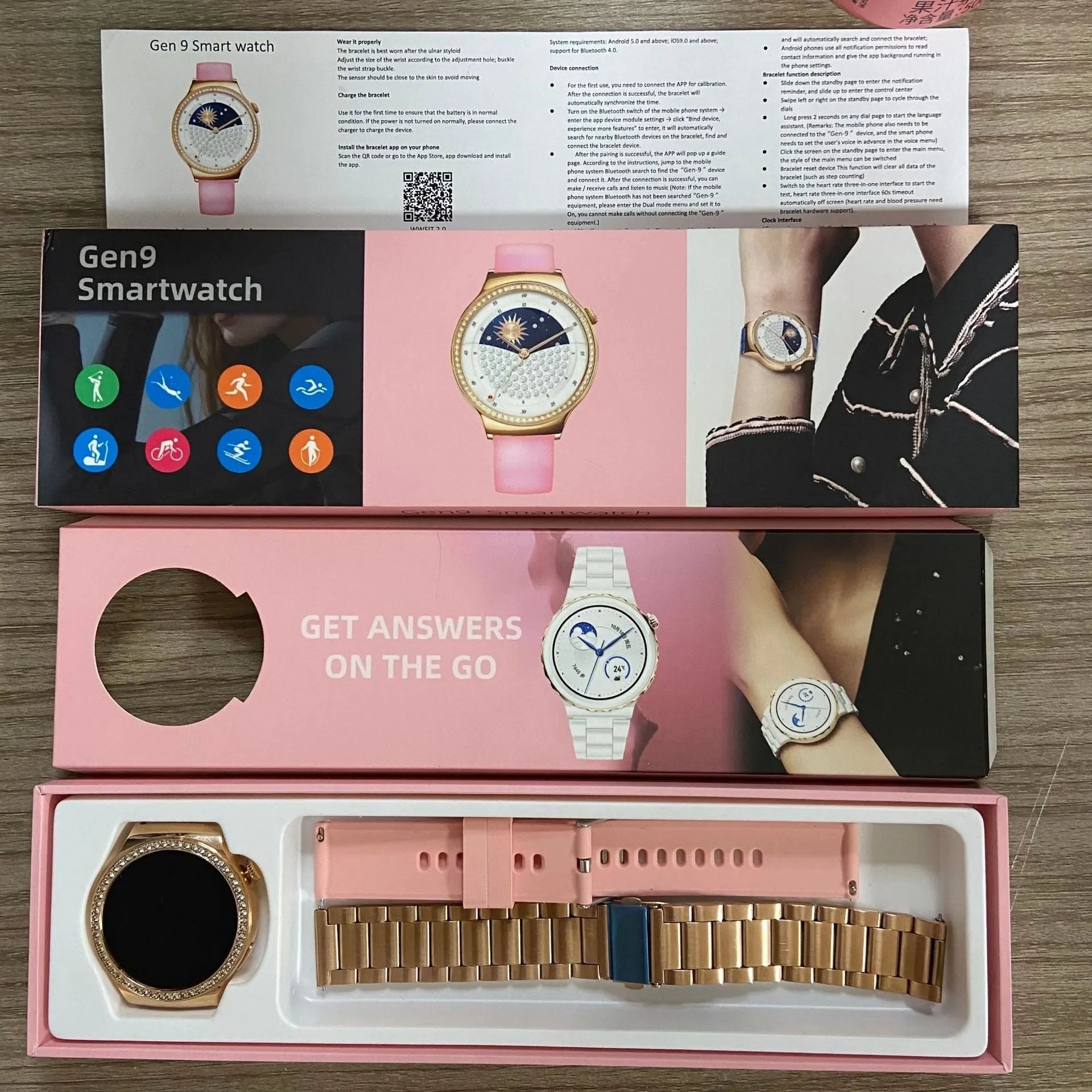 Silver wireless smart sports watch with touch screen showing health monitoring icons