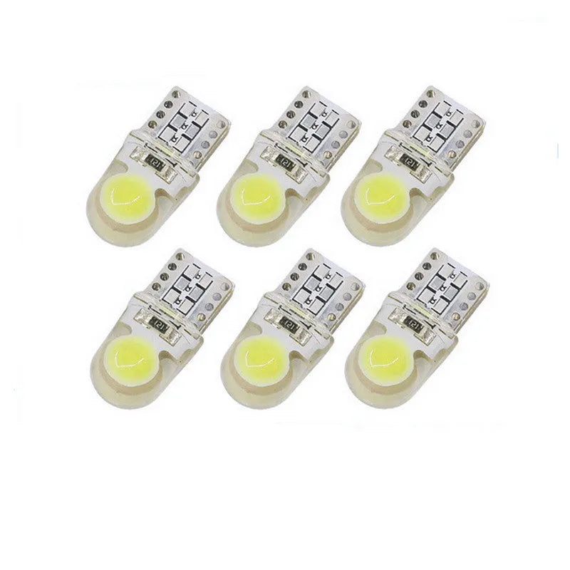 Pack of ten multi-colour T10 LED bulbs for 12V car side marker and interior light replacement.