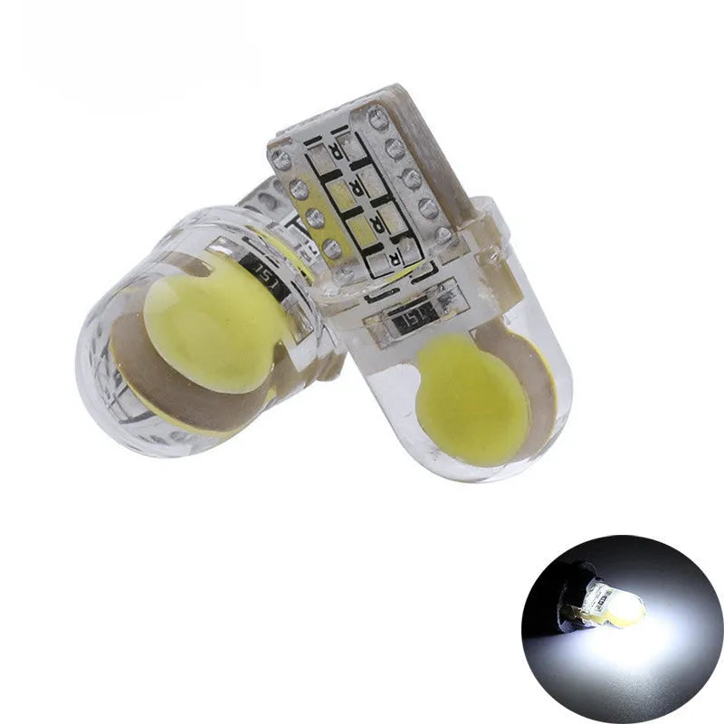 Pack of ten multi-colour T10 LED bulbs for 12V car side marker and interior light replacement.