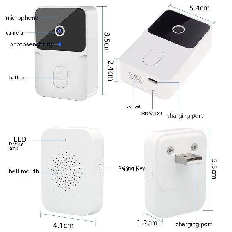 Wireless video doorbell in black or white, 85x54x24mm, with 850N night vision and 1000mAh battery