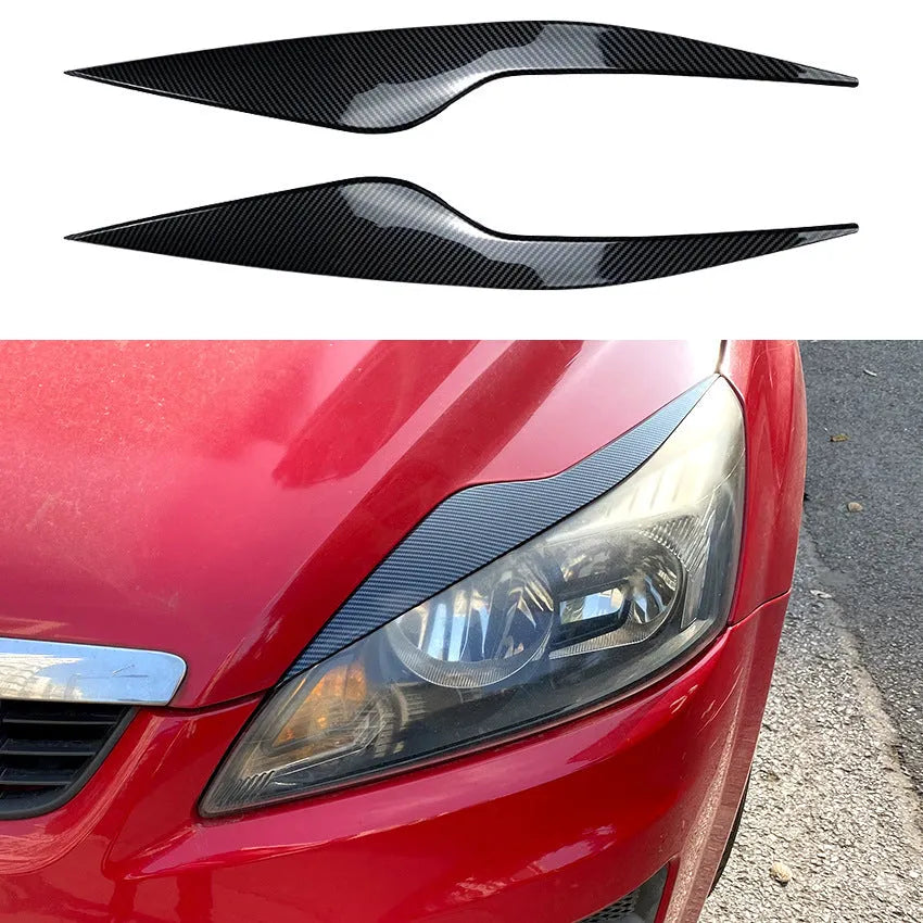 Ford Focus headlight eyebrow stickers in carbon fibre pattern and piano black ABS plastic
