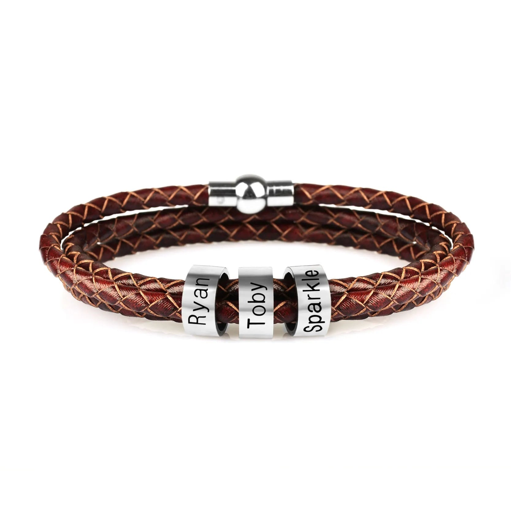 Personalised mens braided genuine leather bracelet in black with custom stainless steel name beads showing engraved names