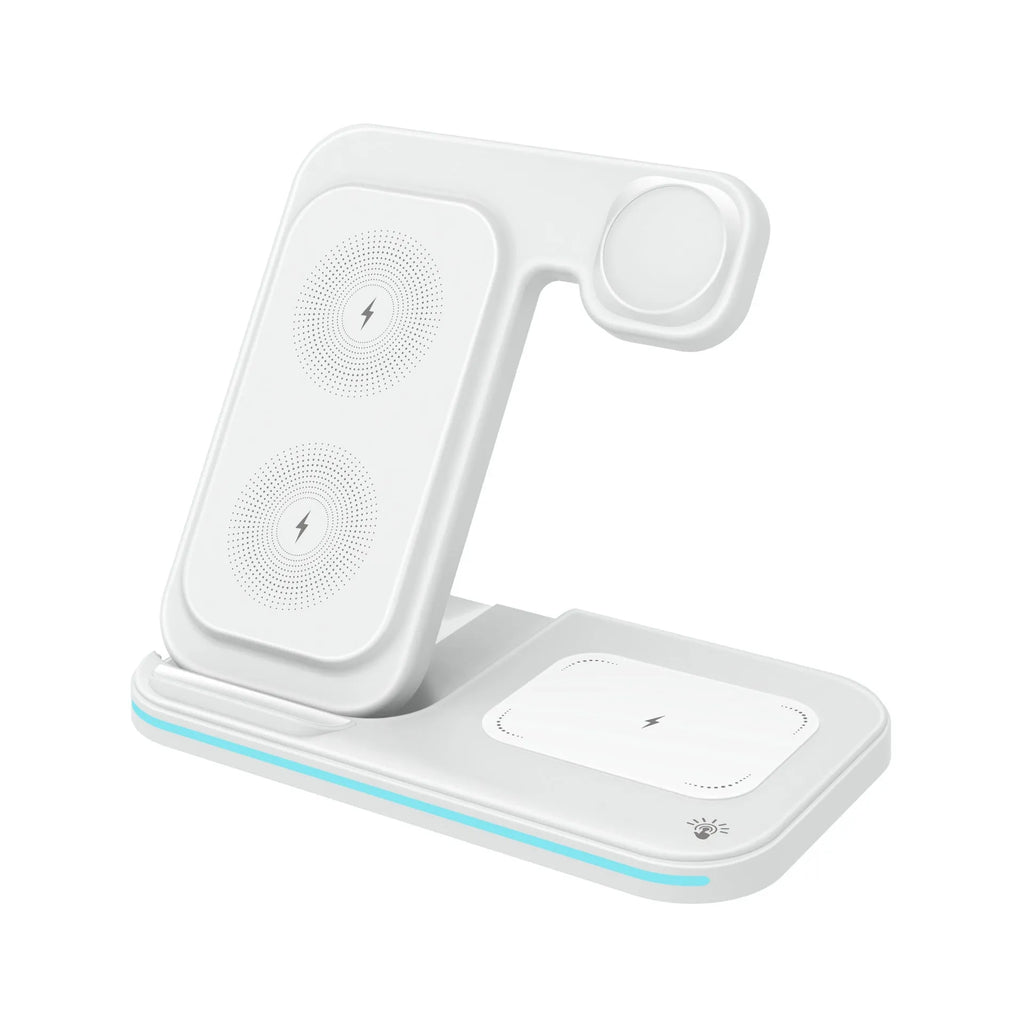 Wireless foldable fast charger in black charging a phone, headset, and watch on a desk