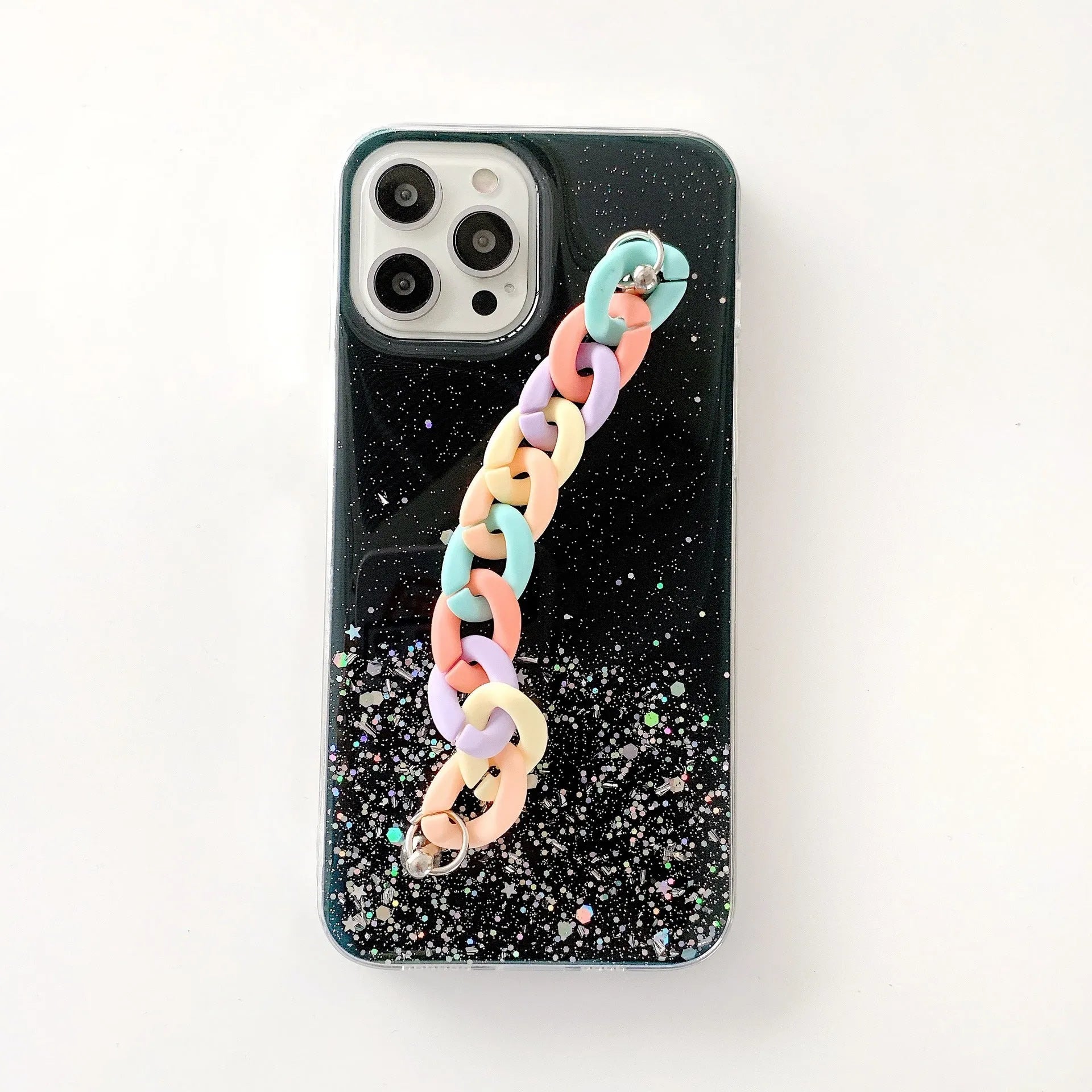 Silicone soft phone case with epoxy bracelet starry pattern for iPhone 14 and 15 series in multiple colours