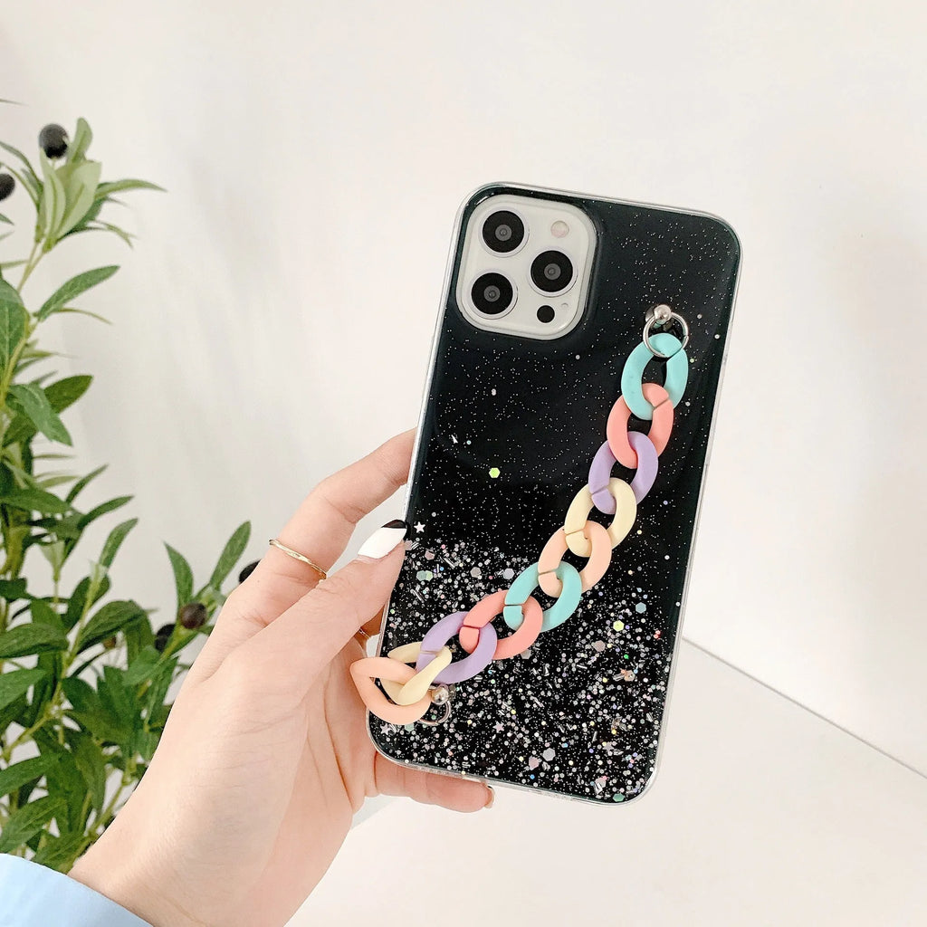 Silicone soft phone case with epoxy bracelet starry pattern for iPhone 14 and 15 series in multiple colours